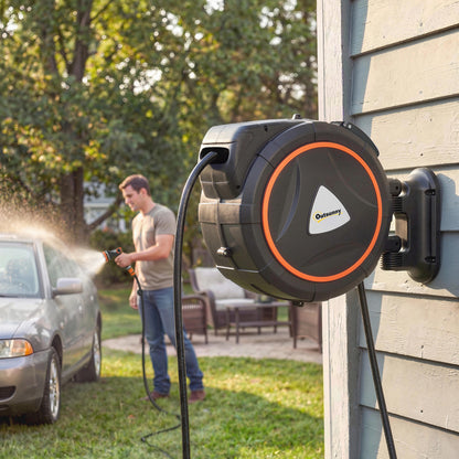 Retractable Hose Reel Wall Mounted, 23+2m Garden Hose Pipe Reel with Auto Retraction, Self-Locking, Slow Return System, 180° Swivel Bracket, 12-Pattern Nozzles and Faucet Adaptor, Orange
