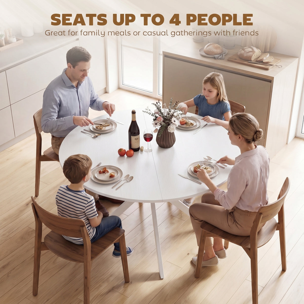 Round Wood-Effect Dining Table for 4 with Steel Cross Legs - White