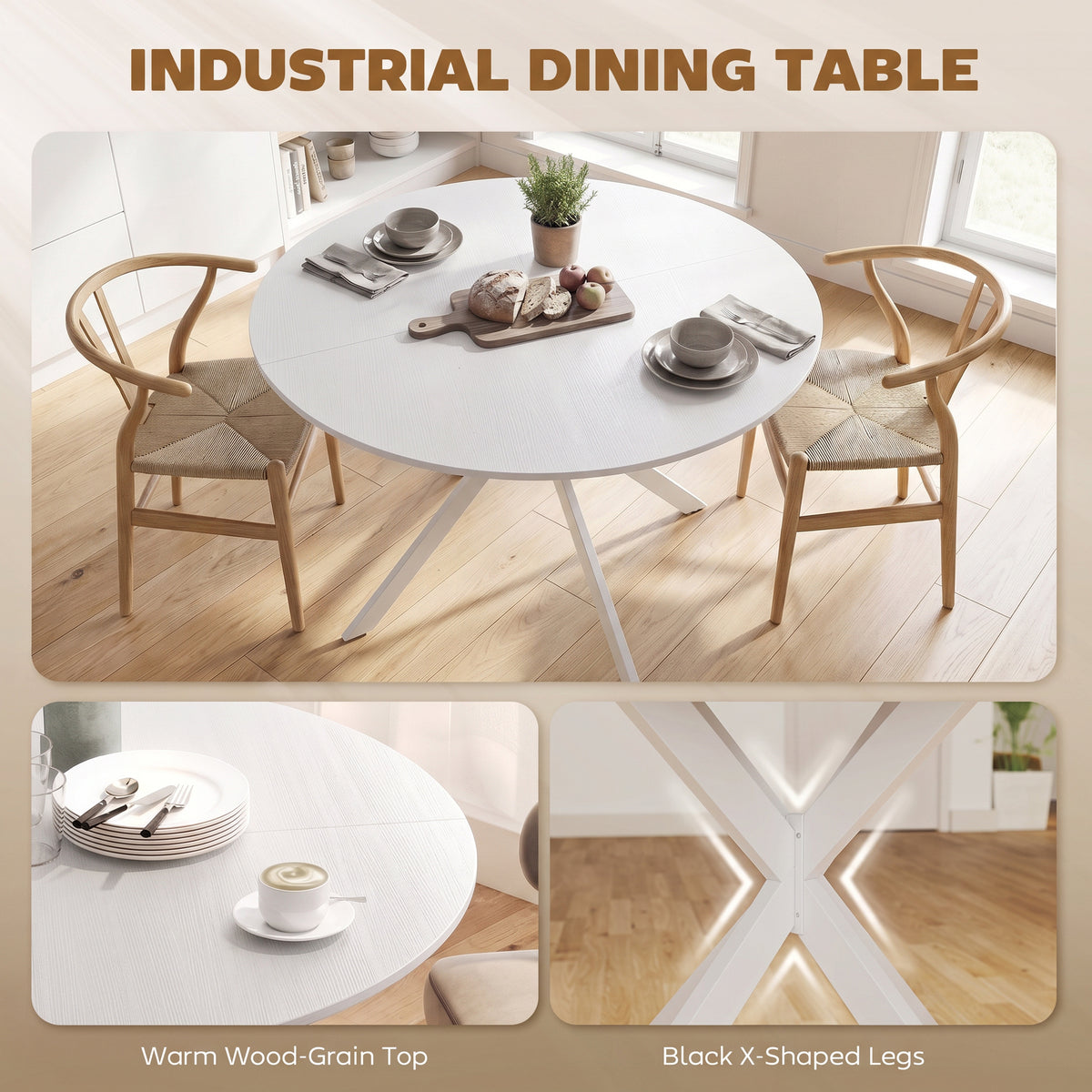 Round Wood-Effect Dining Table for 4 with Steel Cross Legs - White