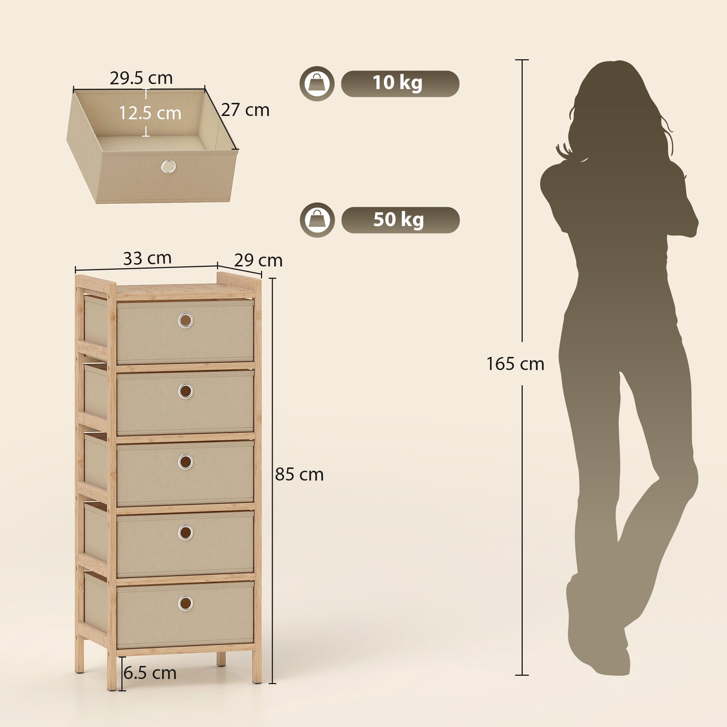 Chest of Drawers, 5 Drawers Dresser with Bamboo Frame, Cream White