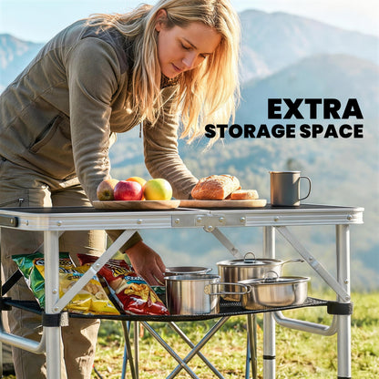 2ft Folding Camping Table, Picnic Table with Storage Layer, Black