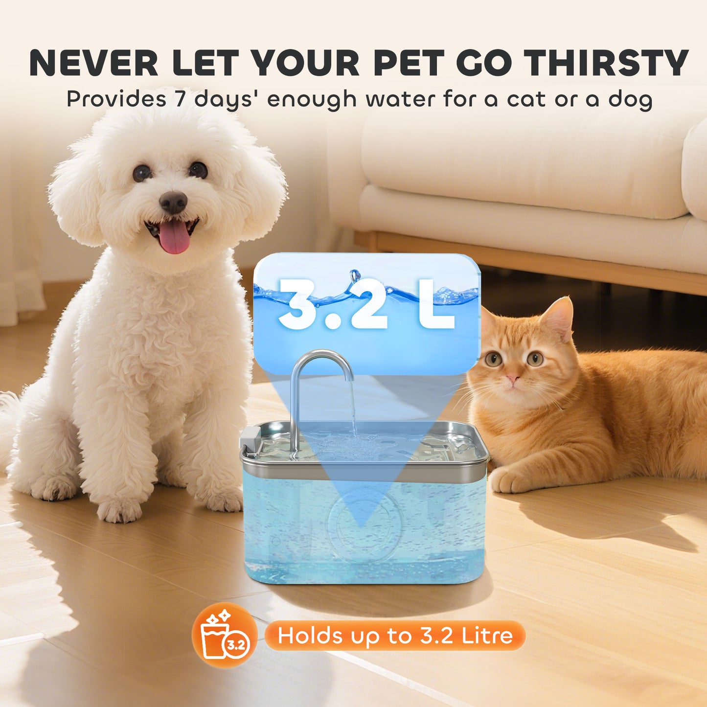 3.2L Cat Water Fountain for Drinking Stainless Steel Ultra-Silent