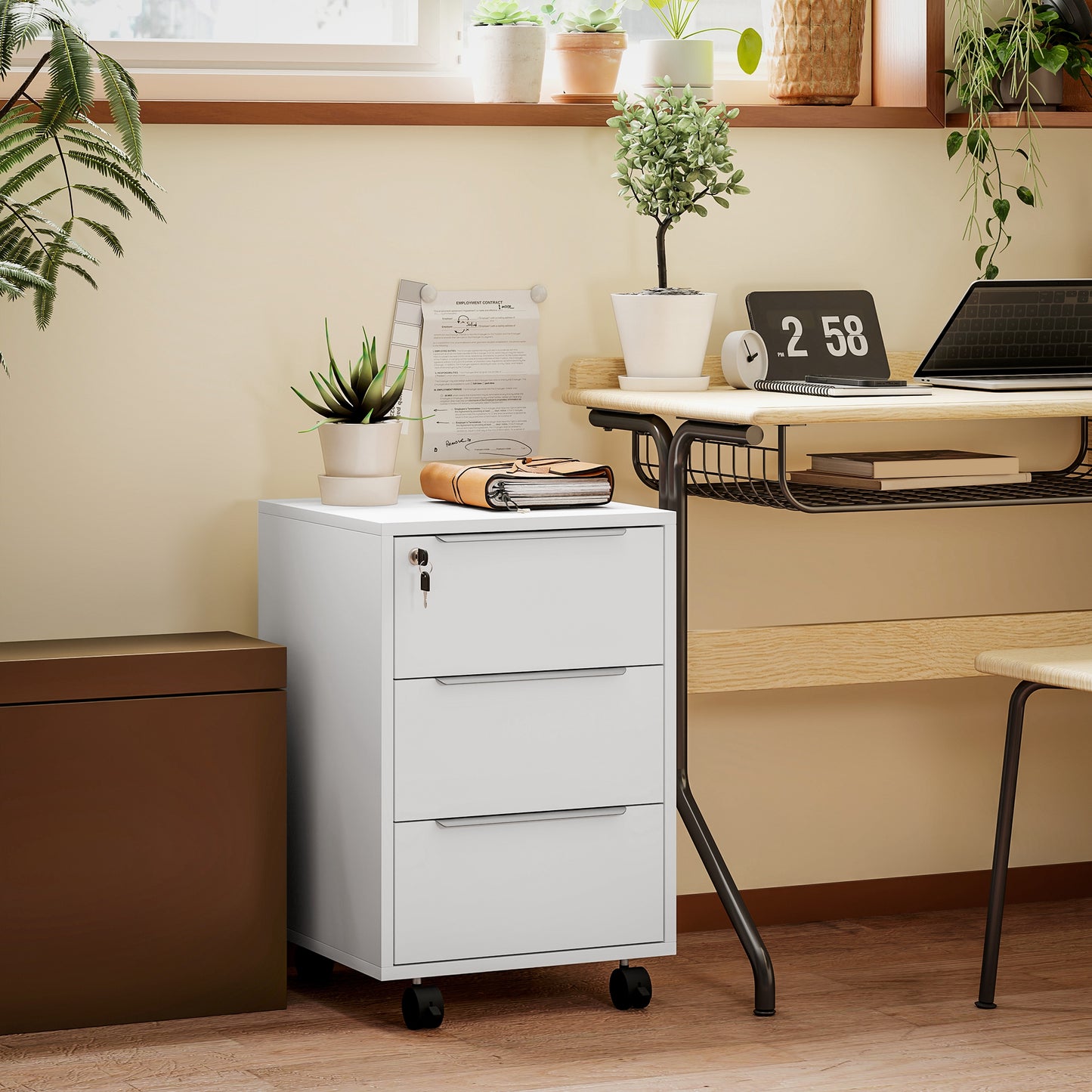 Modern 3-Drawer Locking File Cabinet Mobile Filing Cabinet White