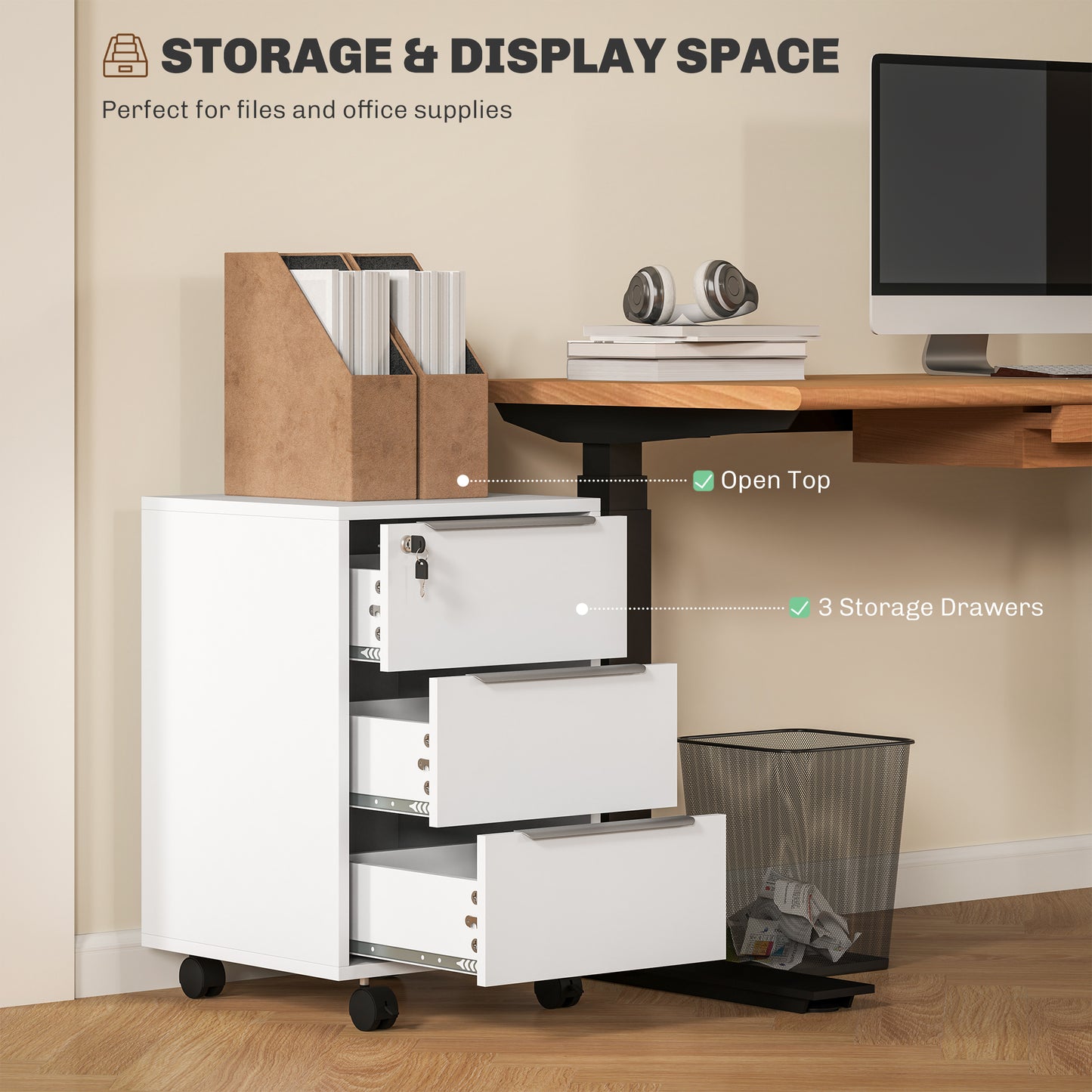 Modern 3-Drawer Locking File Cabinet Mobile Filing Cabinet White