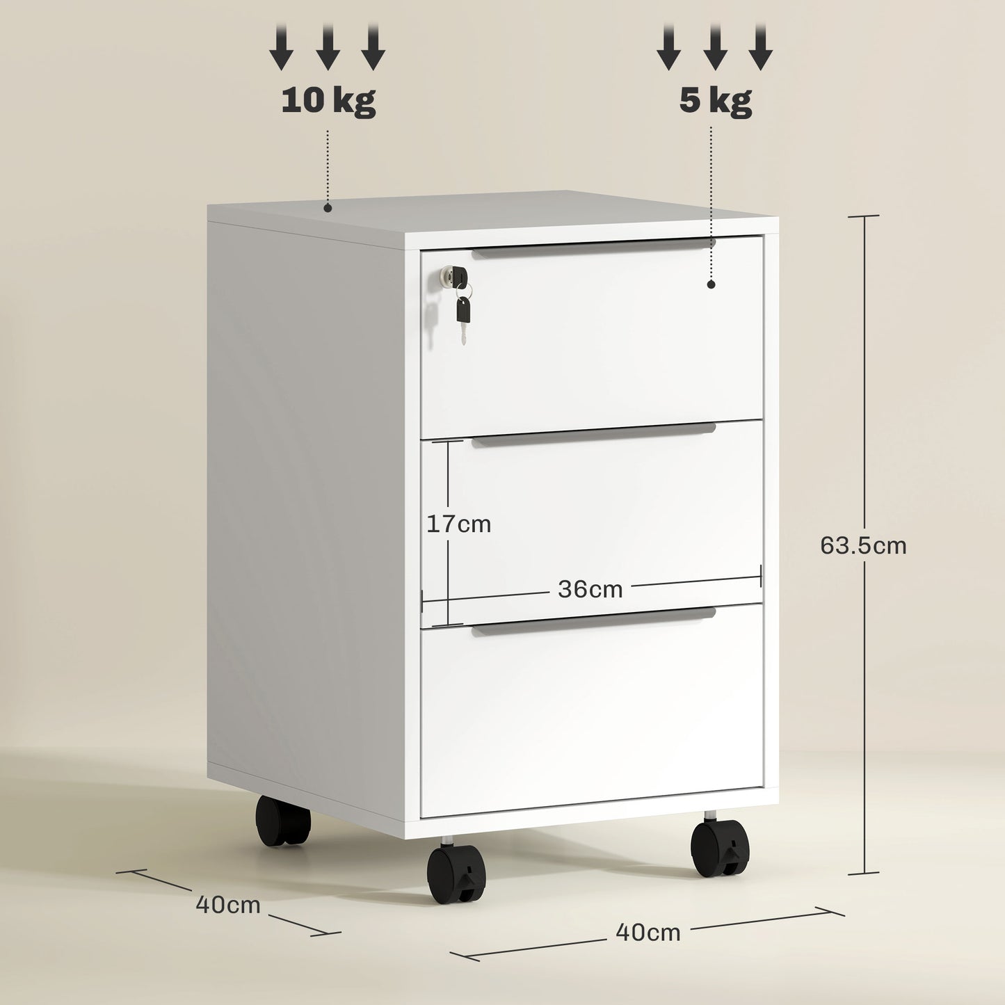 Modern 3-Drawer Locking File Cabinet Mobile Filing Cabinet White
