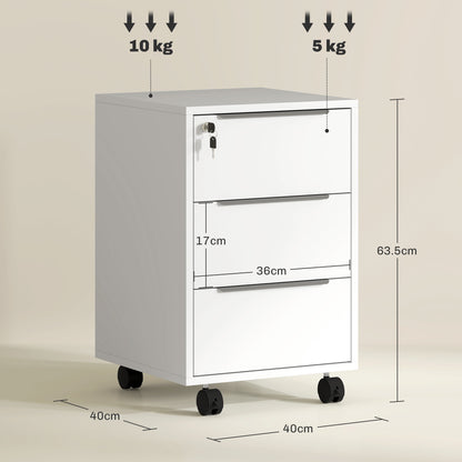 Modern 3-Drawer Locking File Cabinet Mobile Filing Cabinet White