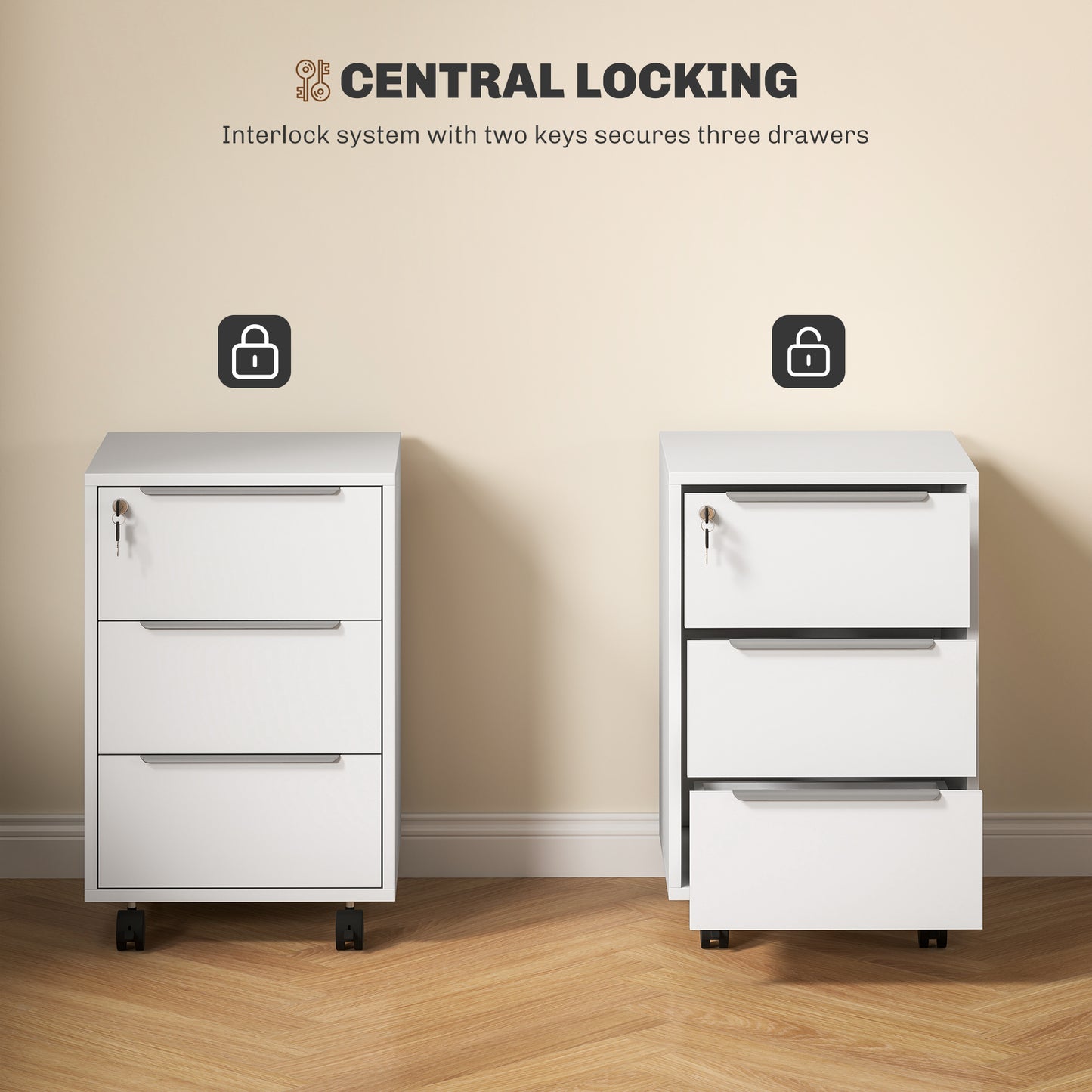 Modern 3-Drawer Locking File Cabinet Mobile Filing Cabinet White