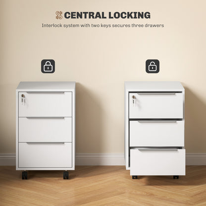 Modern 3-Drawer Locking File Cabinet Mobile Filing Cabinet White