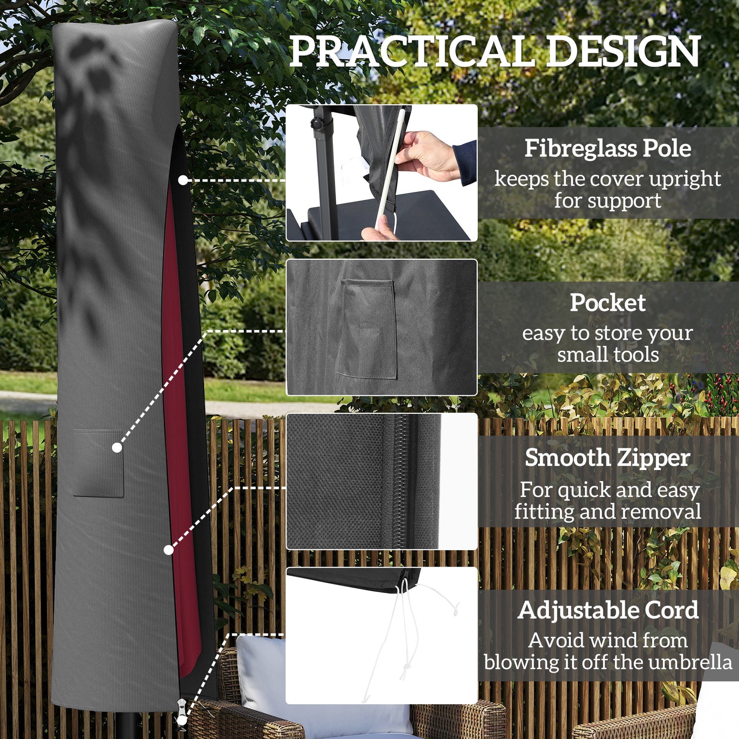 Parasol Umbrella Cover, Outdoor Protector for Garden, Grey