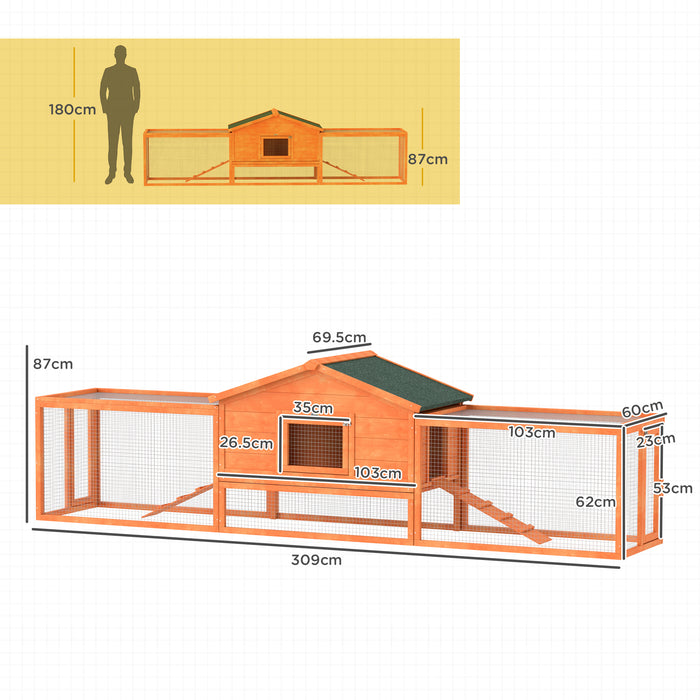 Wooden Rabbit Hutch Guinea Pig Hutch, Orange, 309 x 70 x 87cm