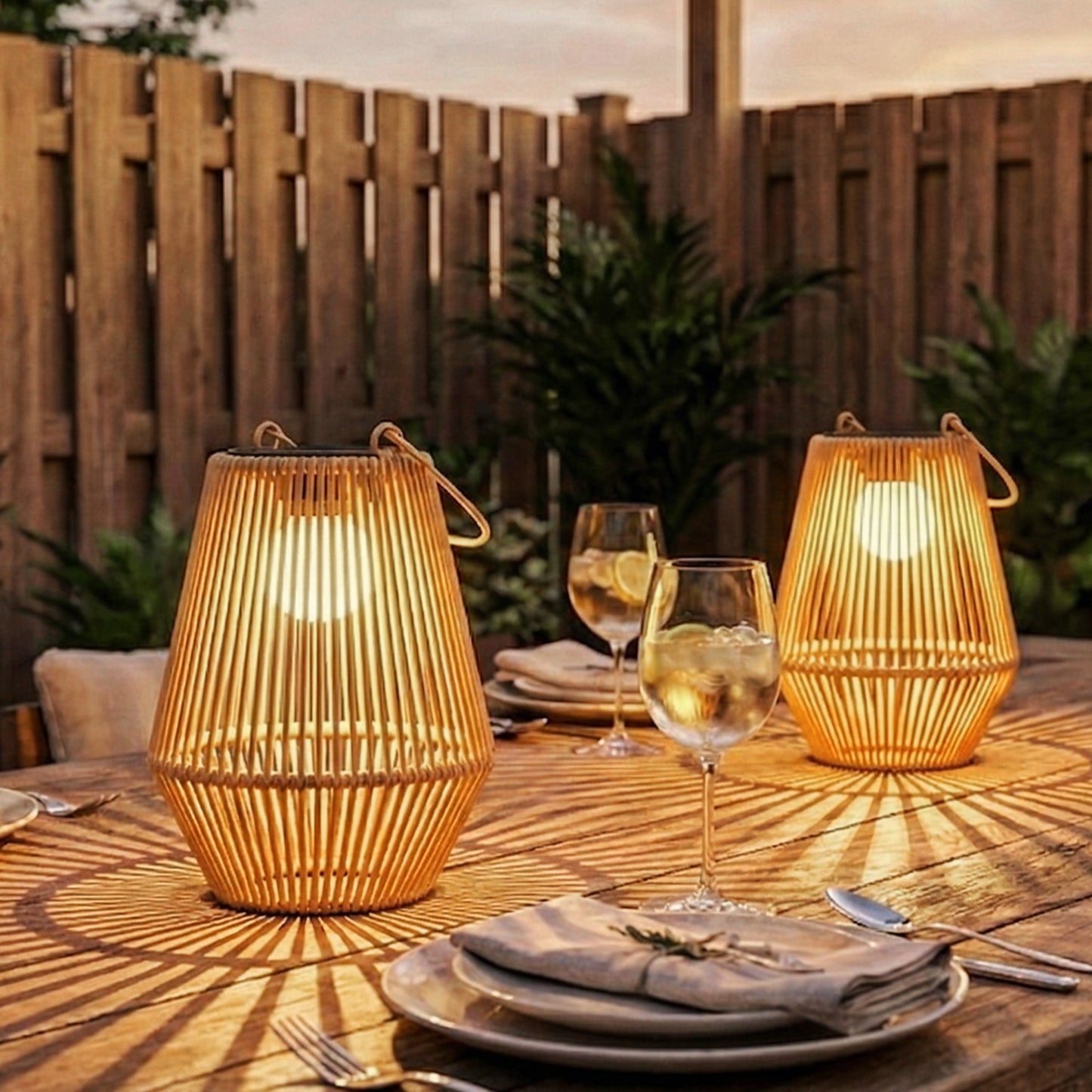 Rattan Hanging Solar Lights Outdoor Garden Lantern Set of 2, Brown