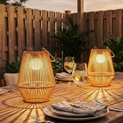 Rattan Hanging Solar Lights Outdoor Garden Lantern Set of 2, Brown
