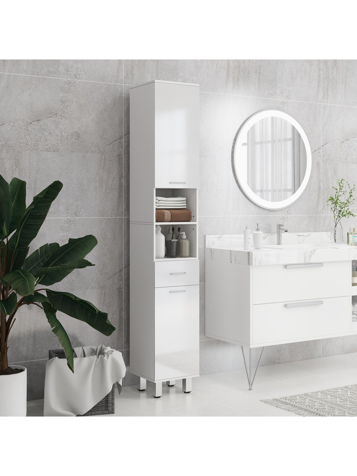 kleankin Tall Narrow Bathroom Storage Cabinet Cupboard w/ Cabinets, White