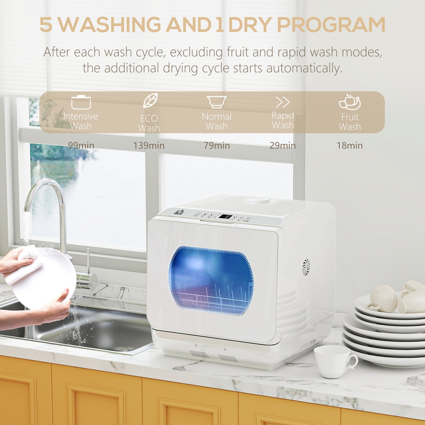 Worktop Dishwasher w/ 4 Place Settings 6 Programs, White