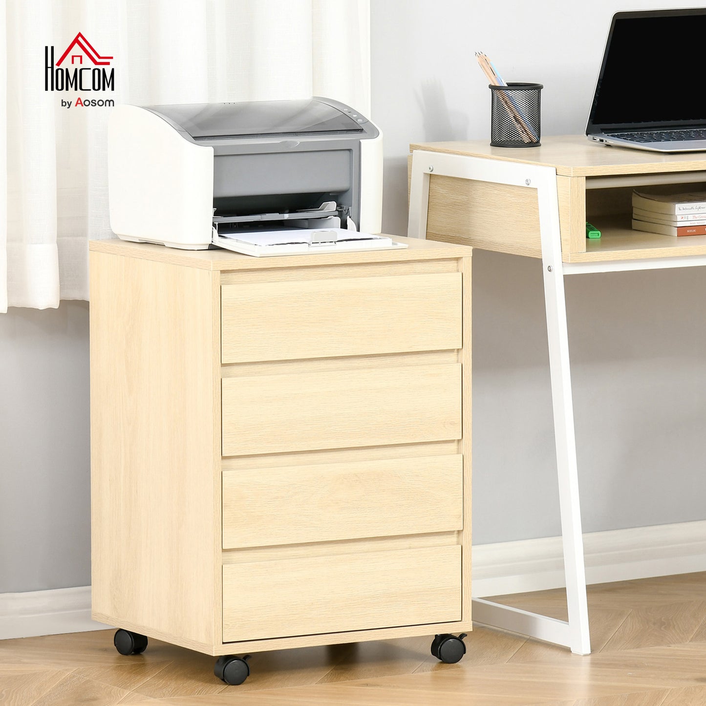Mobile Vertical Filing Cabinet with 4 Drawers for Home, Natural