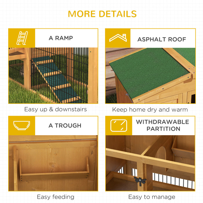 Wooden Rabbit Hutch with Run, Asphalt Roof, Pull-Out Tray, Ramp, Yellow