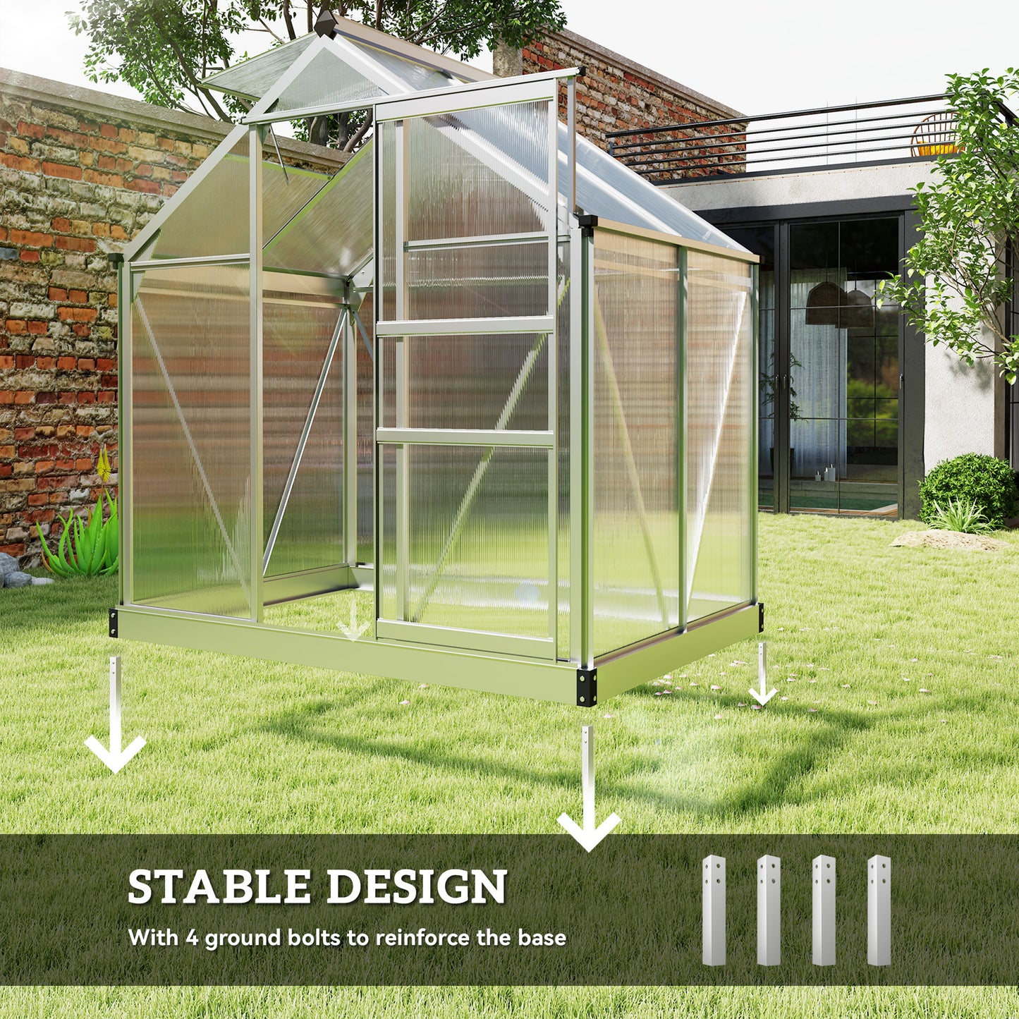 6x4ft Walk-In Polycarbonate Greenhouse Plant Grow Galvanied Aluminium
