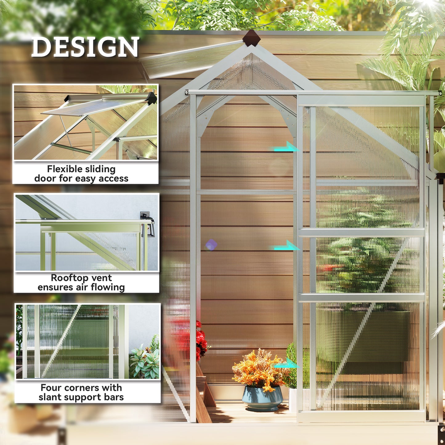 6x4ft Walk-In Polycarbonate Greenhouse Plant Grow Galvanied Aluminium