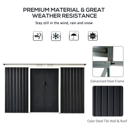 9 x 4 ft Metal Garden Storage Shed Patio Corrugated Steel Roofed Tool Box with Base, Kit Ventilation and Doors, Grey