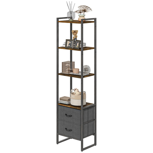 Industrial Bookcase 4-Tier Storage Shelf with 2 Fabric Drawers and Metal Frame for Living Room, Bedroom, Rustic Brown