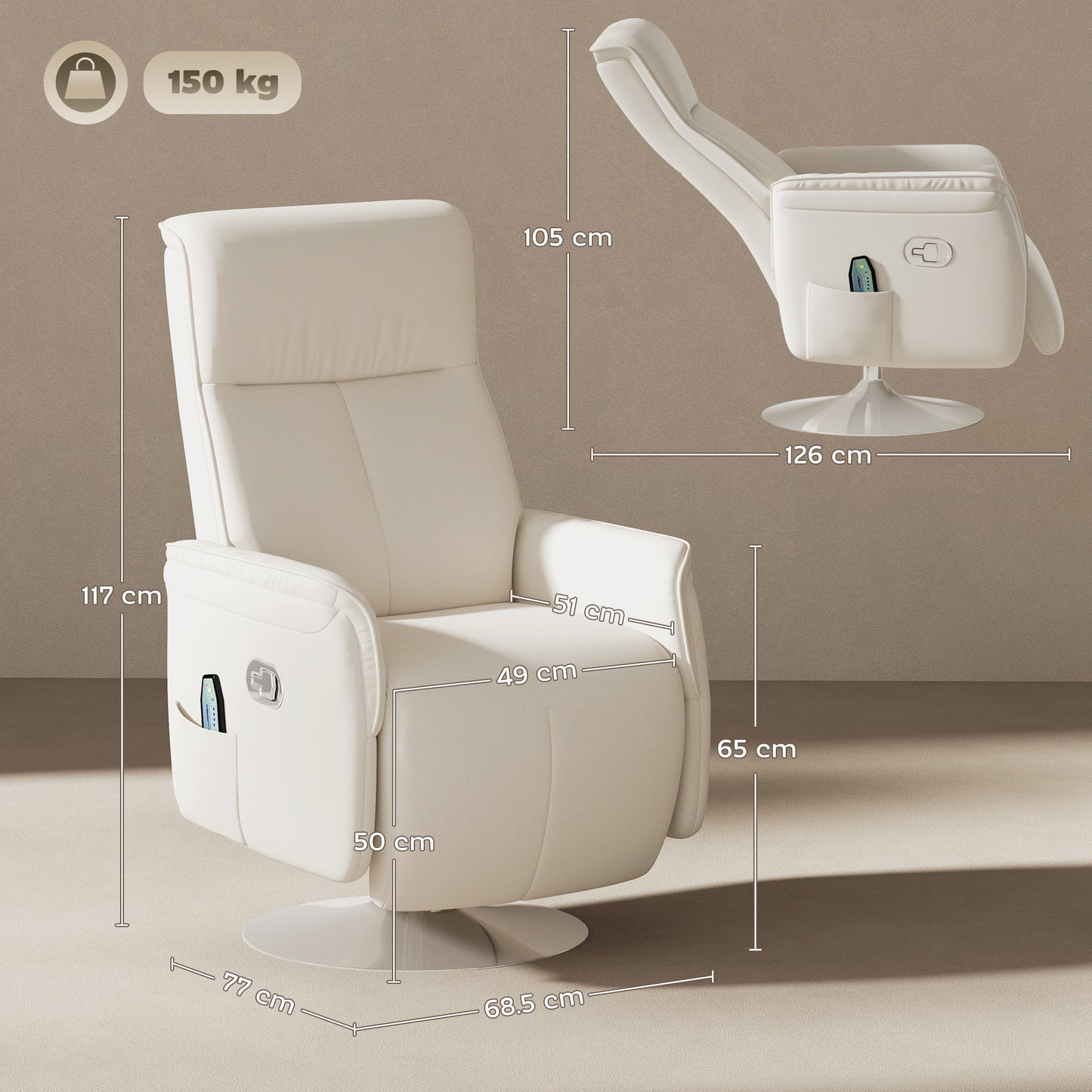 Massage Reclining Chair with Adjustable Backrest, Cream White