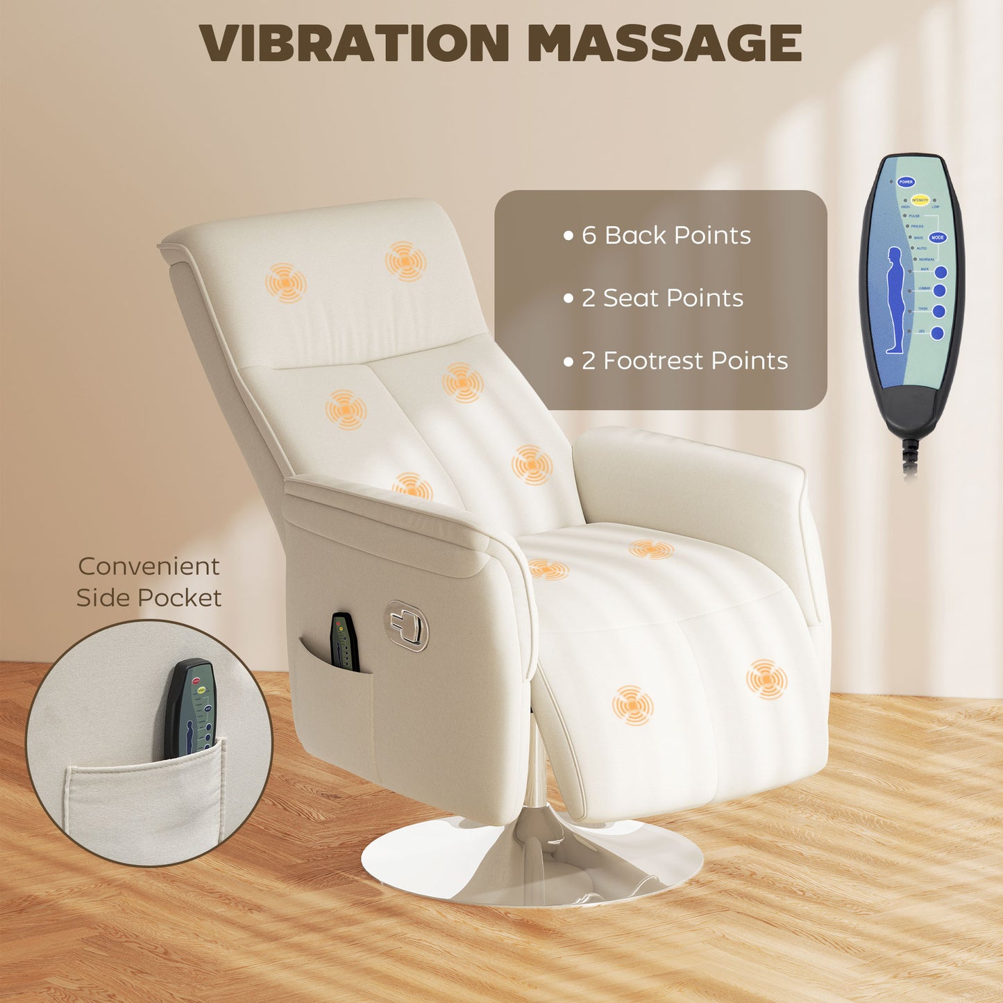 Massage Reclining Chair with Adjustable Backrest, Cream White