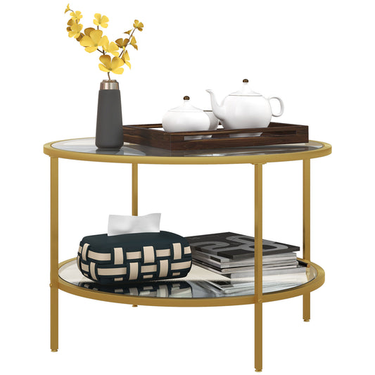 Round Coffee Table with Storage Shelf and Tempered Glass Top, Gold