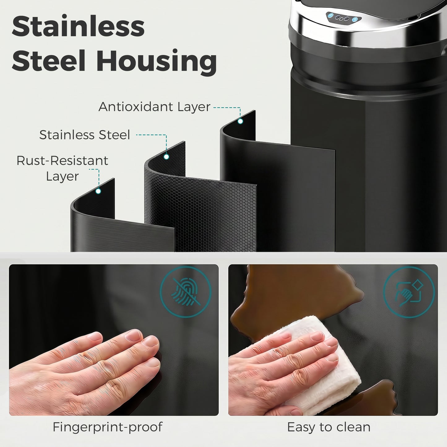 42L Sensor Bin with Quiet Soft-Close Lid, Automatic Touchless Motion Sensor Rubbish Bin with Fingerprint Resistant Stainless Steel for Hygienic Kitchen, Home Office Use, Black
