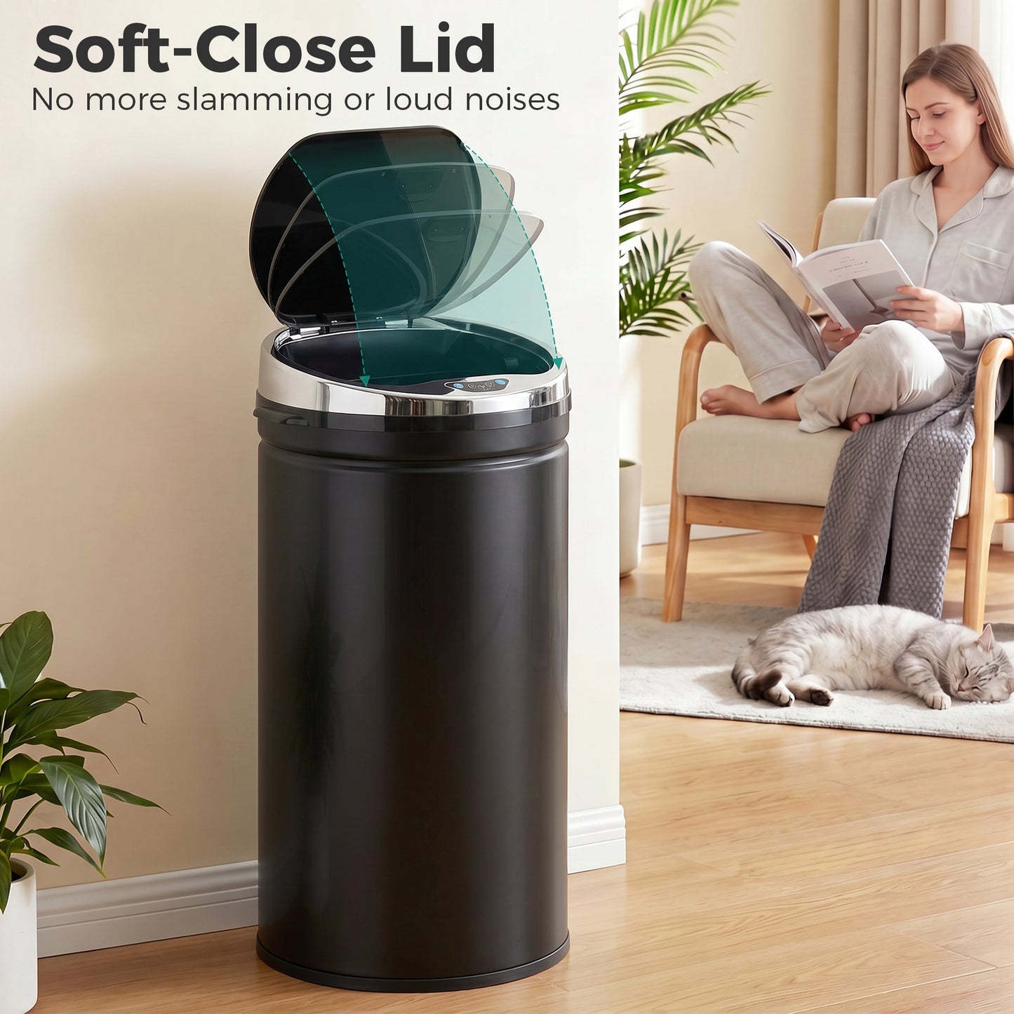 42L Sensor Bin with Quiet Soft-Close Lid, Automatic Touchless Motion Sensor Rubbish Bin with Fingerprint Resistant Stainless Steel for Hygienic Kitchen, Home Office Use, Black
