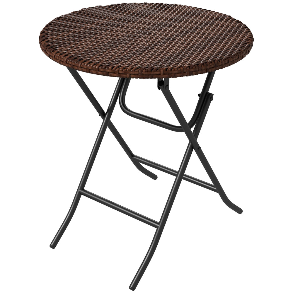 Foldable PE Rattan Outdoor Coffee Table, Metal Frame Wicker Round Side Table, Coffee Table Side Table for Lawn, Garden, Mixed Brown