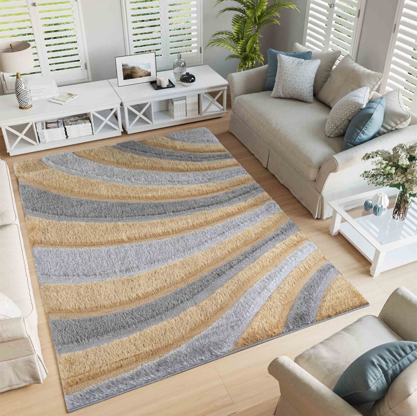 California Modern Soft Waves Shimmer Shaggy Area Rugs - 3 Colours Available