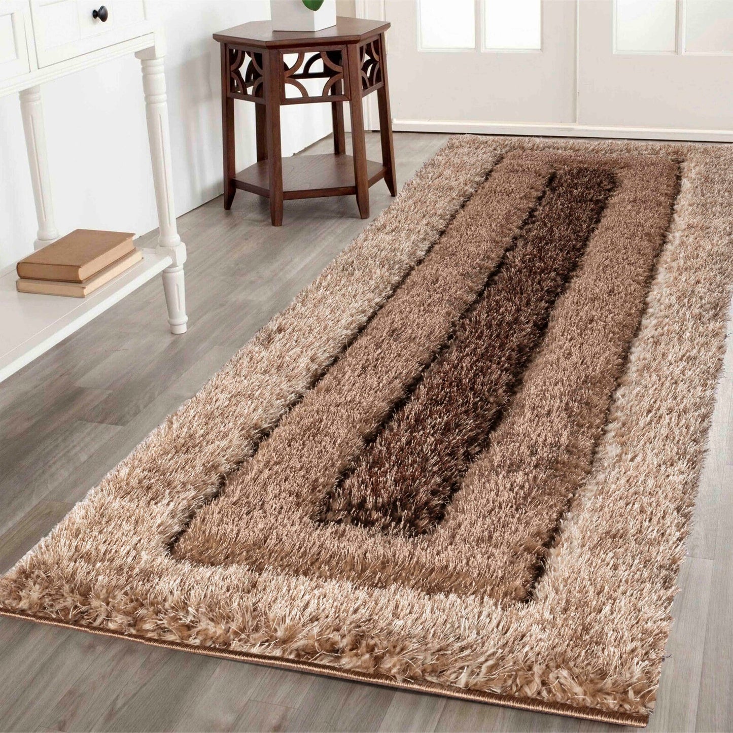 California Modern Soft Bordered Shimmer Shaggy Area Rugs - 2 Colours Available