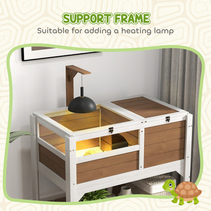 Tortoise House w/ Shelf, Small Pet Reptile Wooden House w/ Hide Shelter Den and Run, Lamp Holder, Tray, for Indoors, Outdoors - Brown