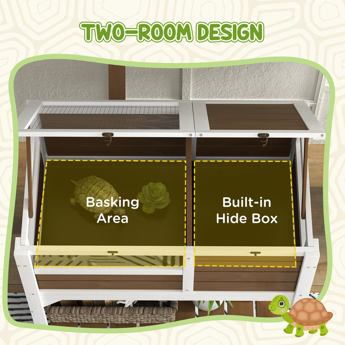 Tortoise House w/ Shelf, Small Pet Reptile Wooden House w/ Hide Shelter Den and Run, Lamp Holder, Tray, for Indoors, Outdoors - Brown