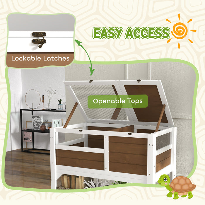 Tortoise House w/ Shelf, Small Pet Reptile Wooden House w/ Hide Shelter Den and Run, Lamp Holder, Tray, for Indoors, Outdoors - Brown