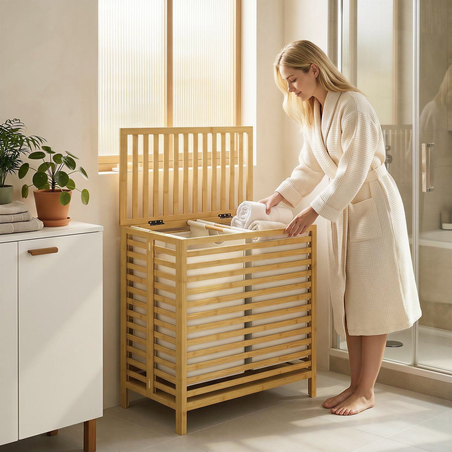 Bamboo Laundry Basket with Lid, 2 Baskets, Foldable, Natural