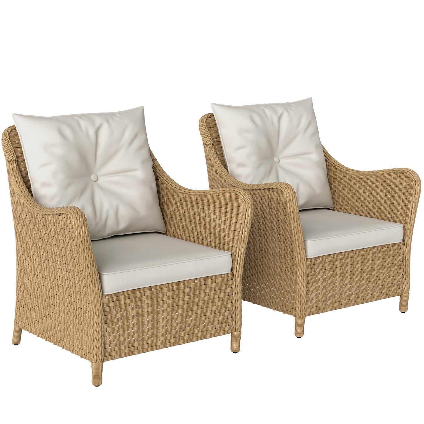 2 Pieces Rattan Garden Chairs, Cushioned Rattan Chairs, Beige