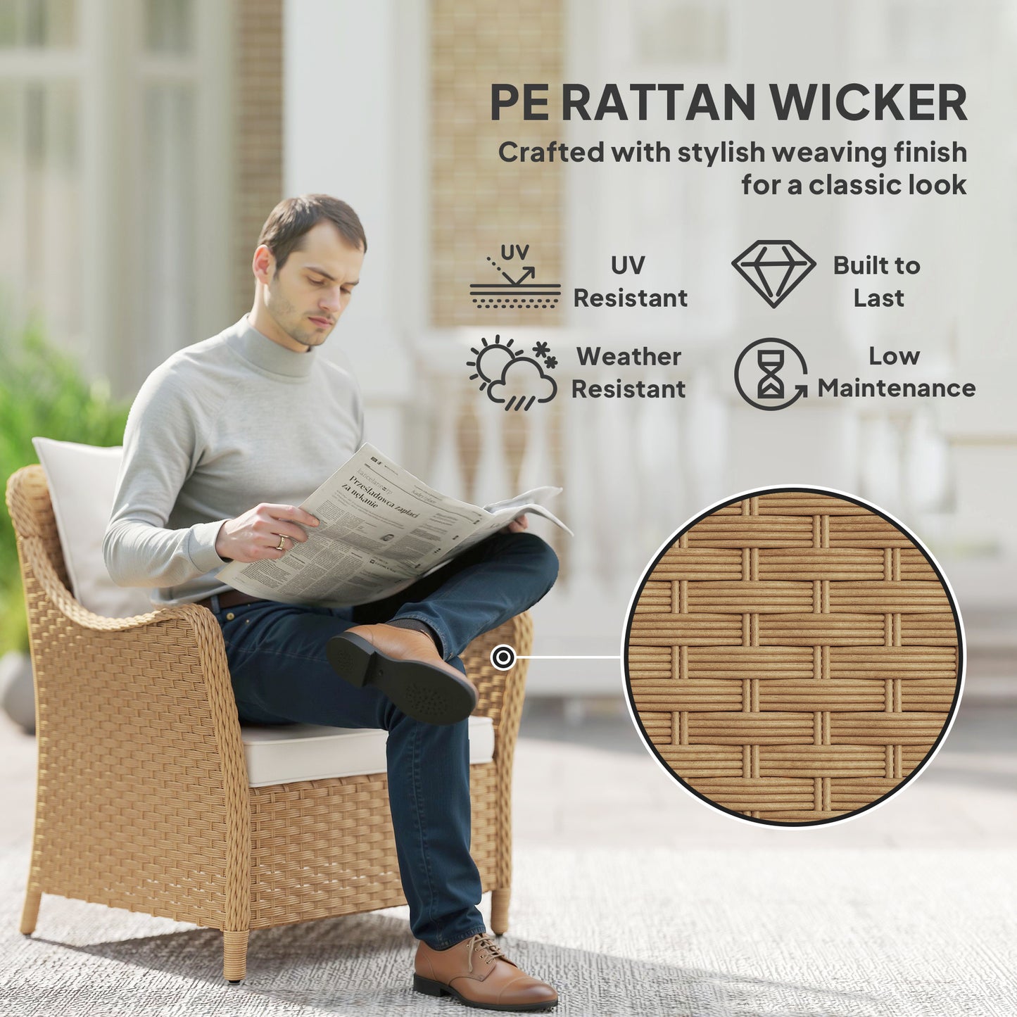 2 Pieces Rattan Garden Chairs, Cushioned Rattan Chairs, Beige