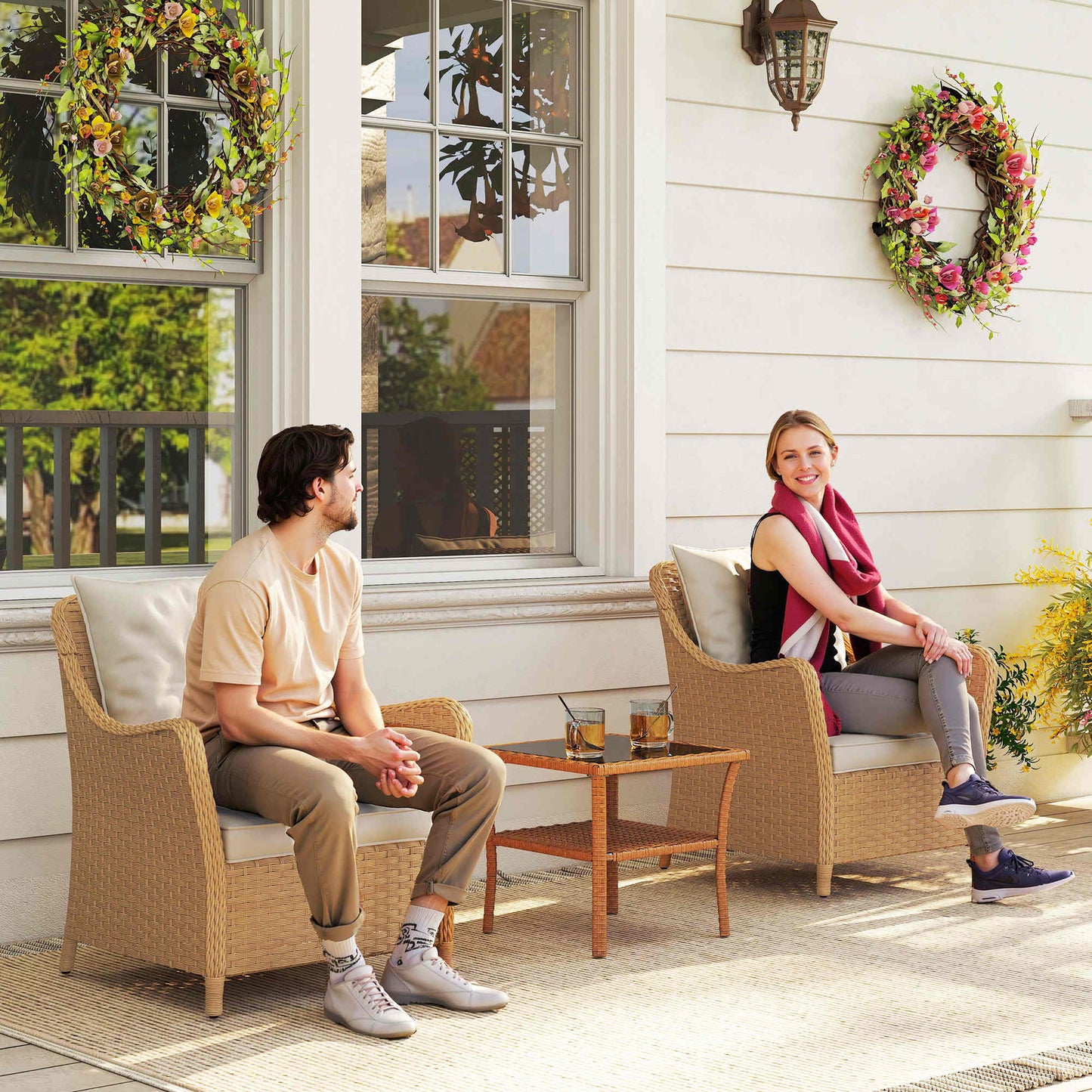 2 Pieces Rattan Garden Chairs, Cushioned Rattan Chairs, Beige