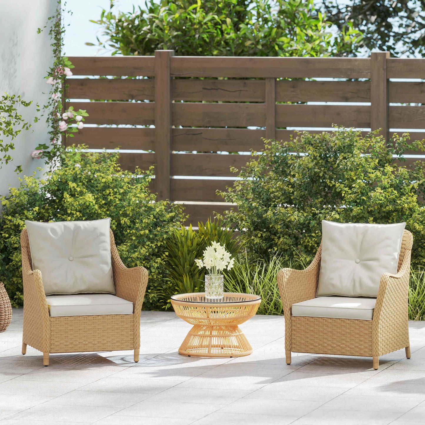 2 Pieces Rattan Garden Chairs, Cushioned Rattan Chairs, Beige