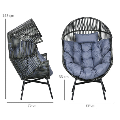 Rattan Leisure Chair w/ Cushion, Garden Egg Chair with Headrest, Grey