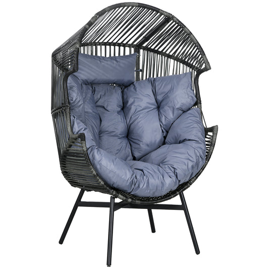 Rattan Leisure Chair w/ Cushion, Garden Egg Chair with Headrest, Grey