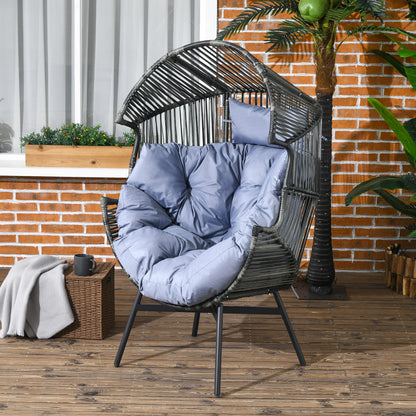 Rattan Leisure Chair w/ Cushion, Garden Egg Chair with Headrest, Grey