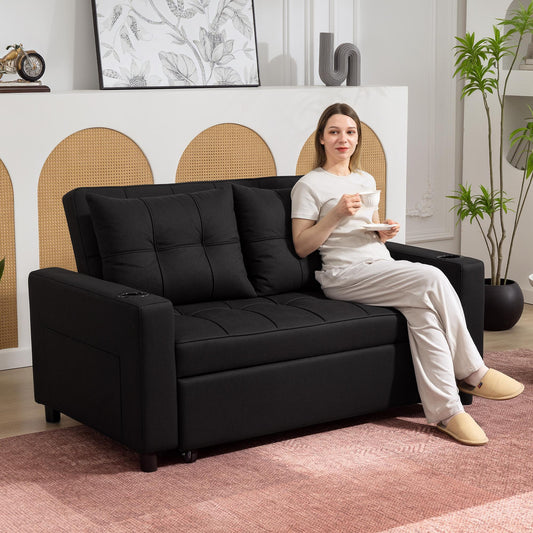 2 Seater Pull Out Sofa Bed with Pockets for Living Room Black