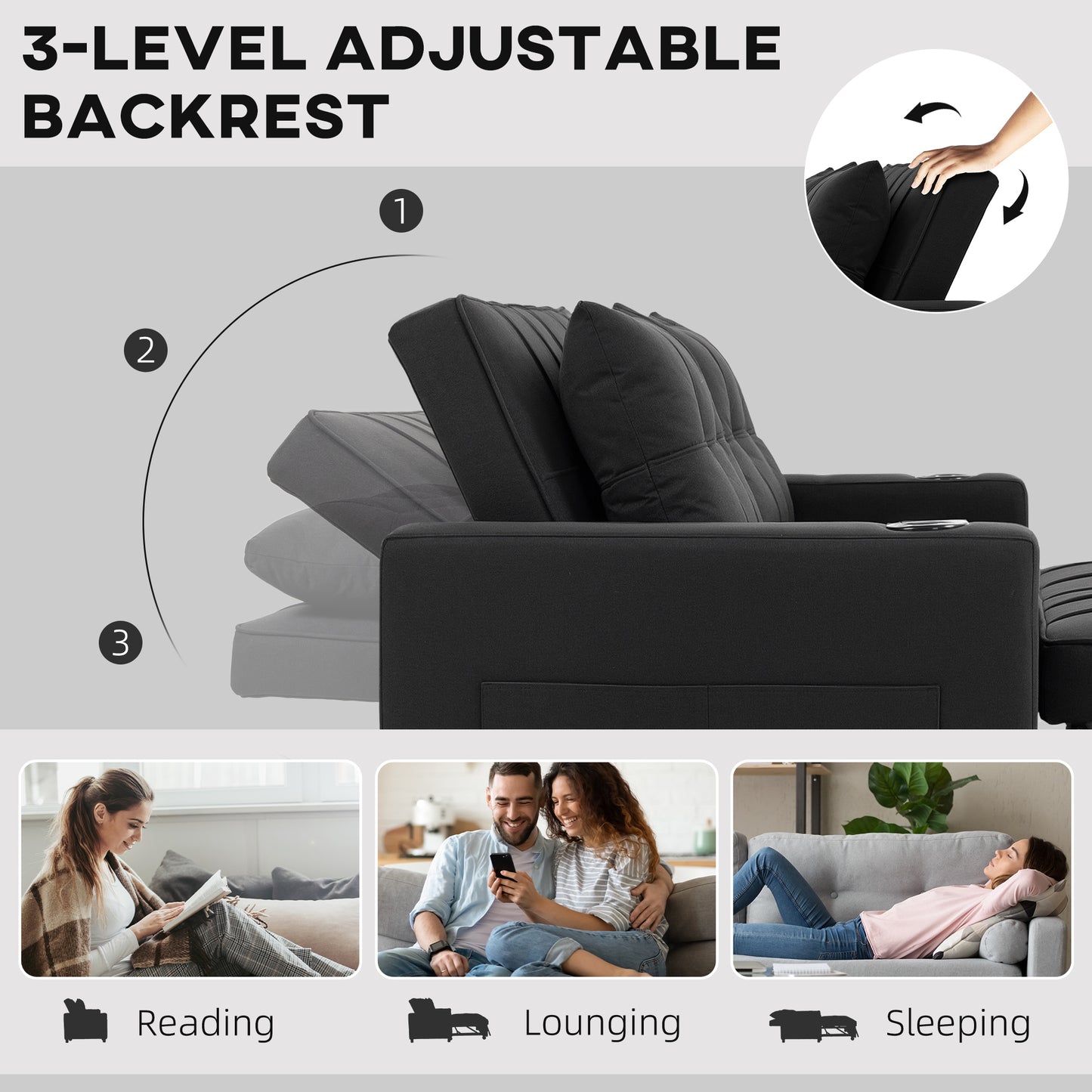 2 Seater Pull Out Sofa Bed with Pockets for Living Room Black