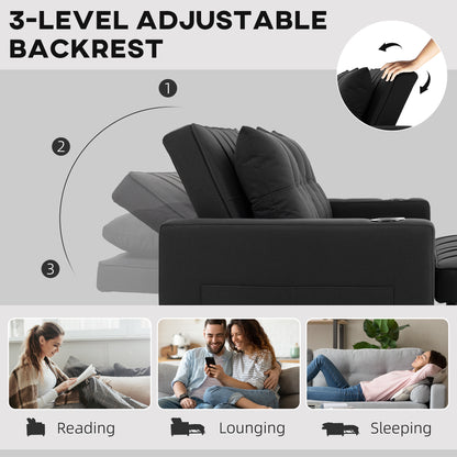 2 Seater Pull Out Sofa Bed with Pockets for Living Room Black