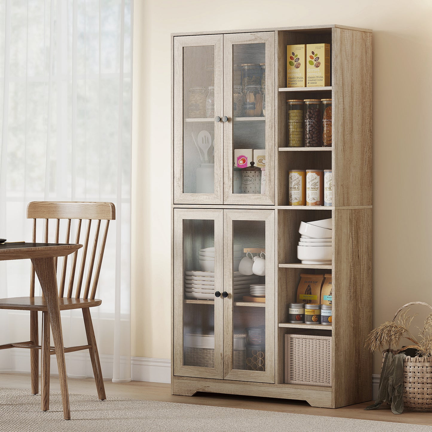 Multi-Storage Kitchen Cabinet, with Glass Doors - Grey Wood-Effect