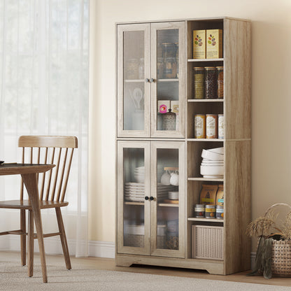 Multi-Storage Kitchen Cabinet, with Glass Doors - Grey Wood-Effect