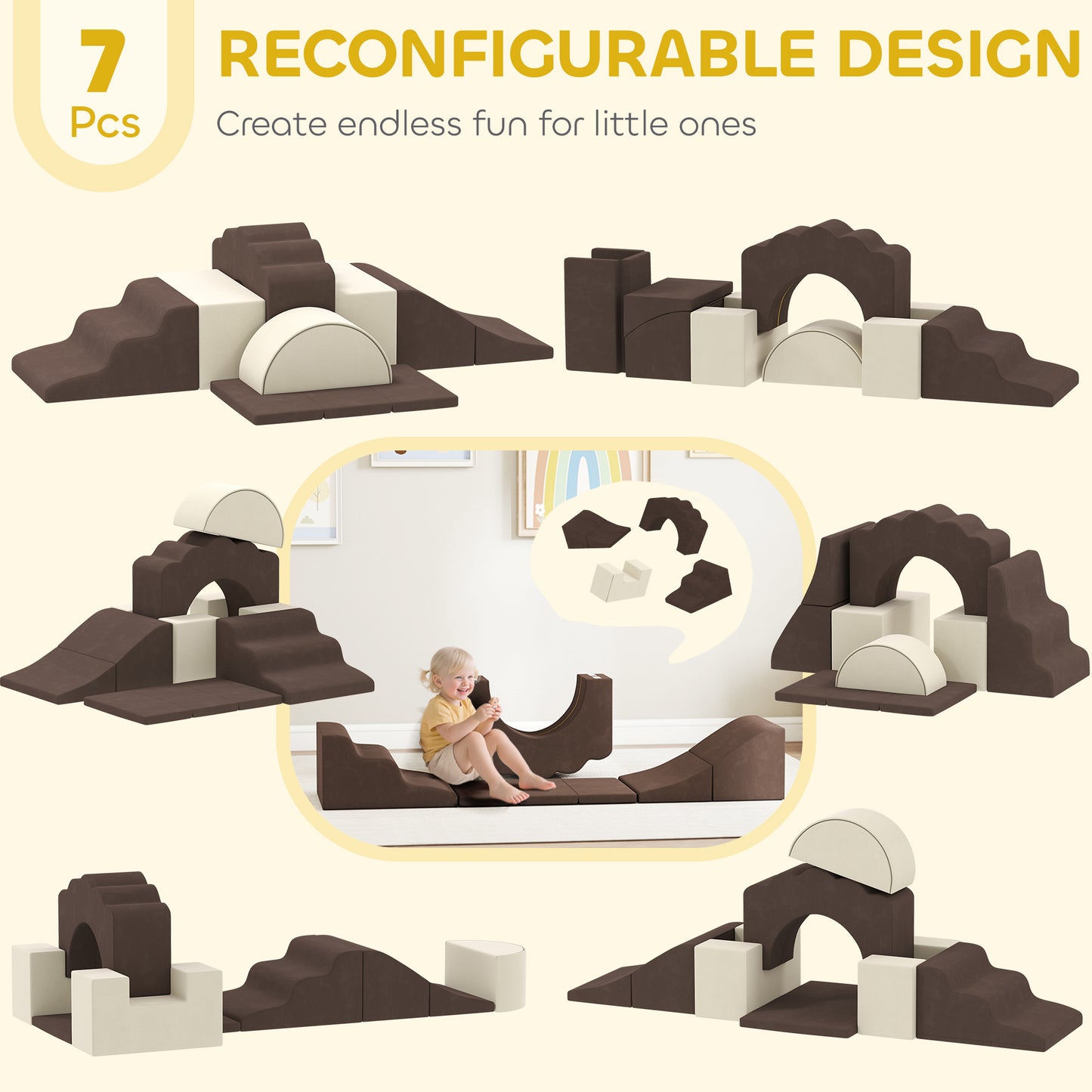 Kids Soft Play Set, 7PCS Foam Climbing Blocks with Anti-Slip Base, Montessori Inspired Climb and Crawl Foam Blocks, Indoor Kids Soft Play Set for Toddlers 1-3 Motor Skills, Brown