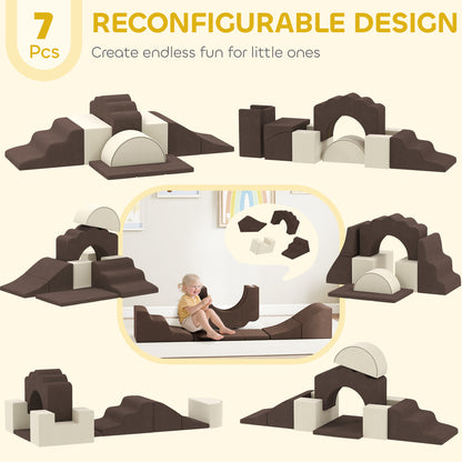 Kids Soft Play Set, 7PCS Foam Climbing Blocks with Anti-Slip Base, Montessori Inspired Climb and Crawl Foam Blocks, Indoor Kids Soft Play Set for Toddlers 1-3 Motor Skills, Brown